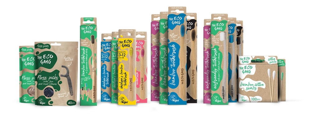 Close-up of Eco Gang floss picks showing plant-based materials and mint flavor