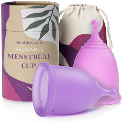 EcoBlossom reusable menstrual cup set packaging shows eco-friendly materials and cost savings.