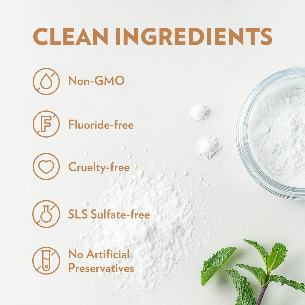 Fluoride-free toothpaste powder label
