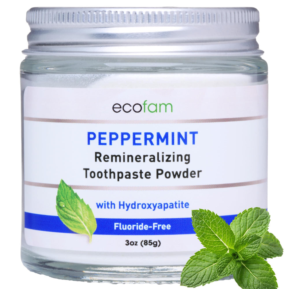 Ecofam toothpaste powder in a reusable glass jar packaging