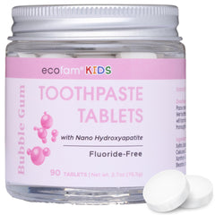 EcoFam Bubblegum toothpaste tablets packaging front with glass jar
