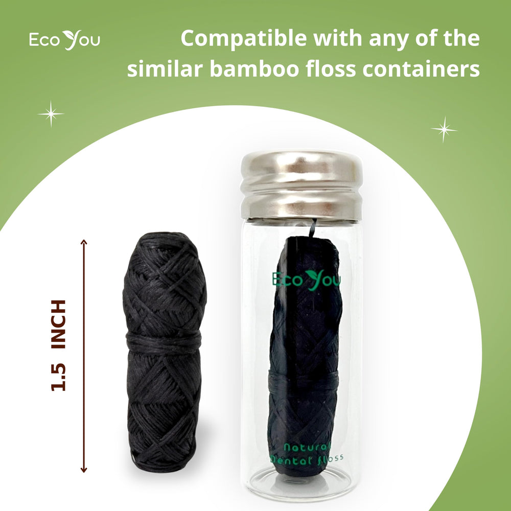 Mint-flavored, waxed bamboo floss with charcoal