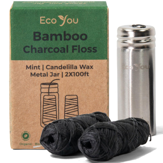 EcoYou charcoal bamboo floss two spools inside a stainless steel container