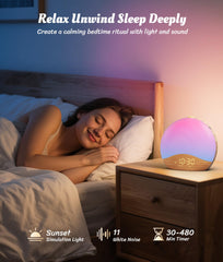 ecozy Wood Grain Sunrise Alarm Clock offers 17-color night-light and brightness options.