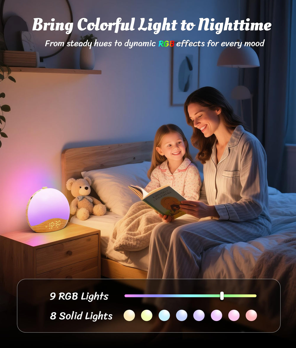 ecozy Wood Grain Sunrise Alarm Clock music-sync lights with Bluetooth for ambience.