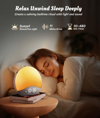 ecozy Sunrise Alarm Clock 17 night lights create ambient mood and safe nighttime visibility.