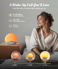 ecozy Sunrise Alarm Clock 26 soothing sounds offer personalized sleep and relaxation options.