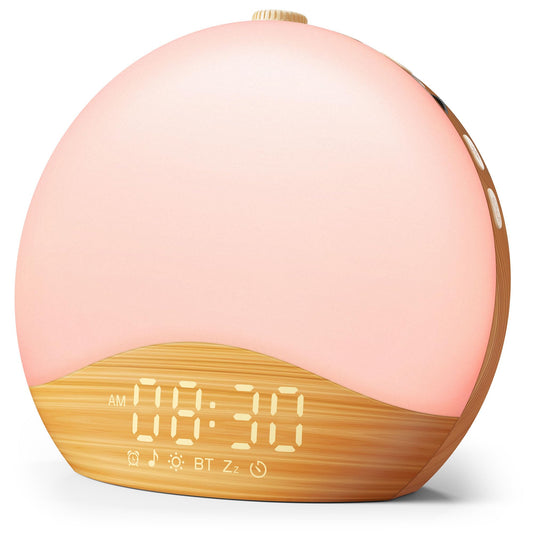 ecozy Wood Grain Sunrise Alarm Clock glow gently wakes you with natural light.