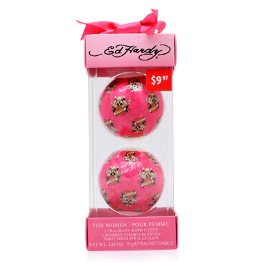 Christian Audigier ED Hardy bath fizz bottle close-up, relaxing aroma for a luxurious soak.