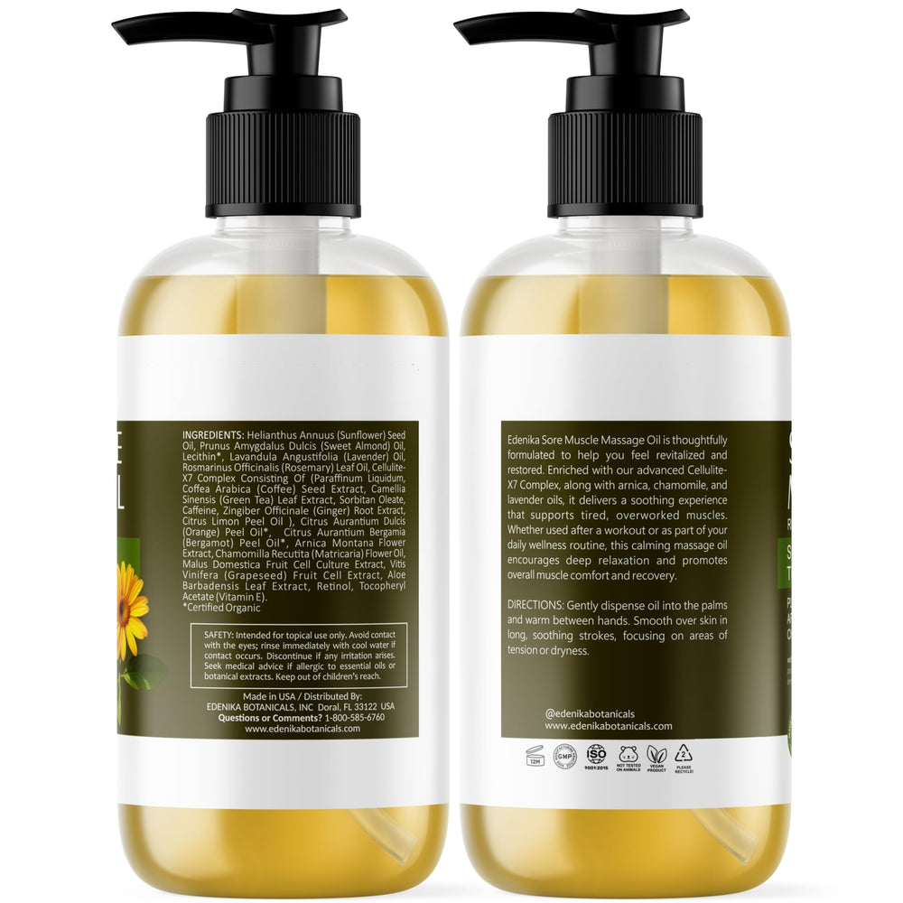 USA-made Edenika massage oil label and bottle