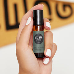 Close-up of Best Man roll-on bottle with wooden cap
