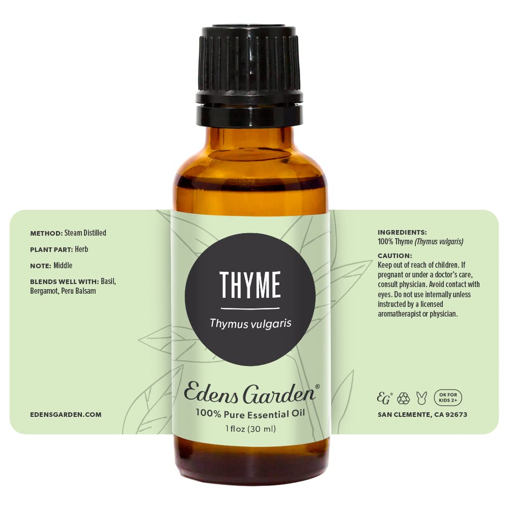 Edens Garden thyme essential oil bottle label and packaging