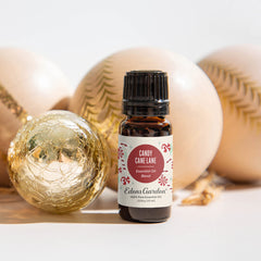 Close-up of Candy Cane Lane essential oil bottle label