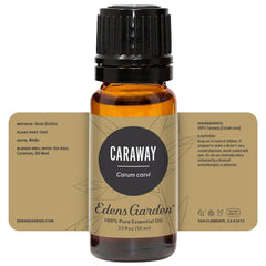 Close-up of Edens Garden Caraway essential oil bottle
