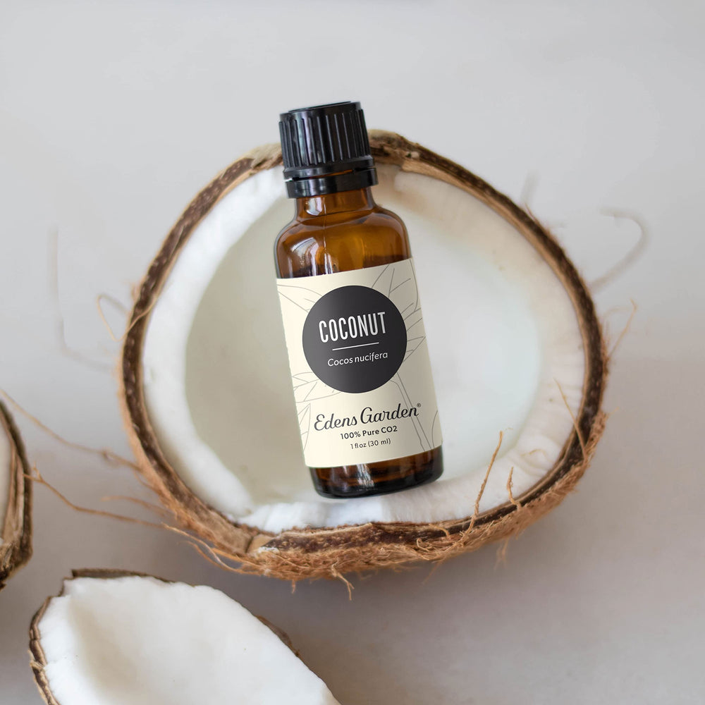 Close-up of Coconut CO2 essential oil bottle and label