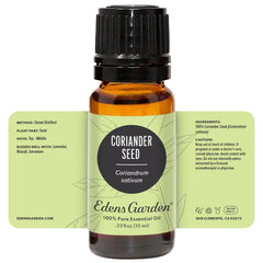 Close-up of the product label on coriander seed essential oil bottle