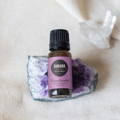 Close-up of the Damiana essential oil label.