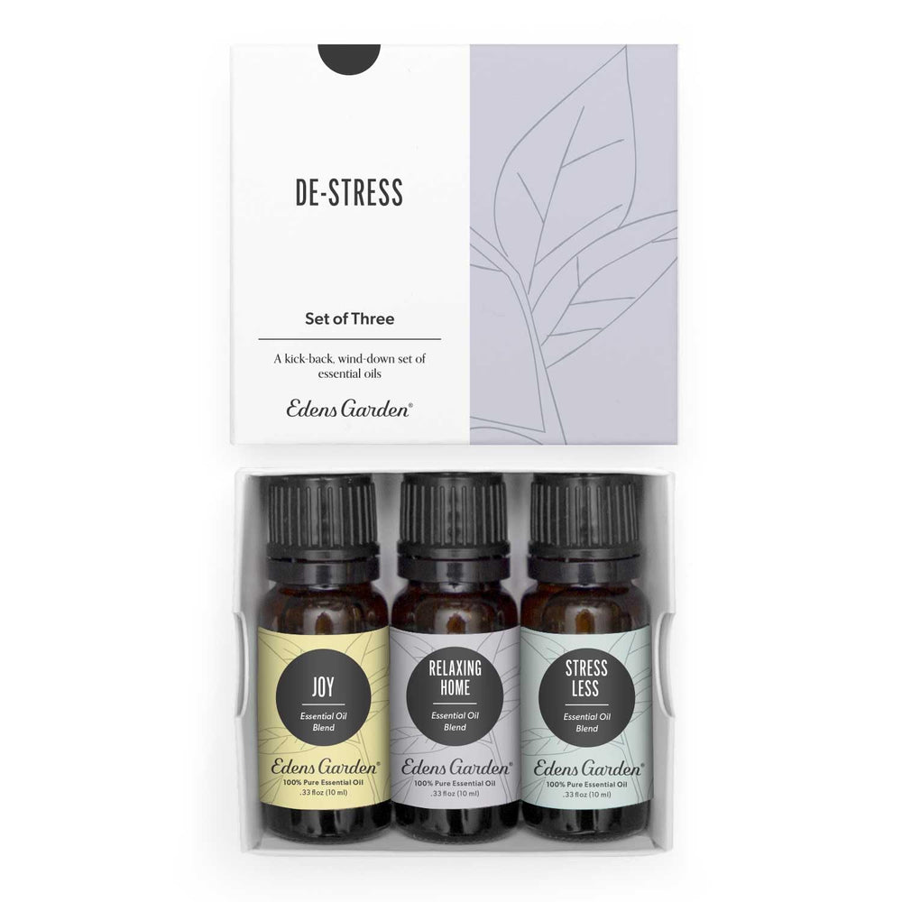 Three 10 ml essential oil blends Joy, Relaxing Home, Stress Less in dark glass bottles