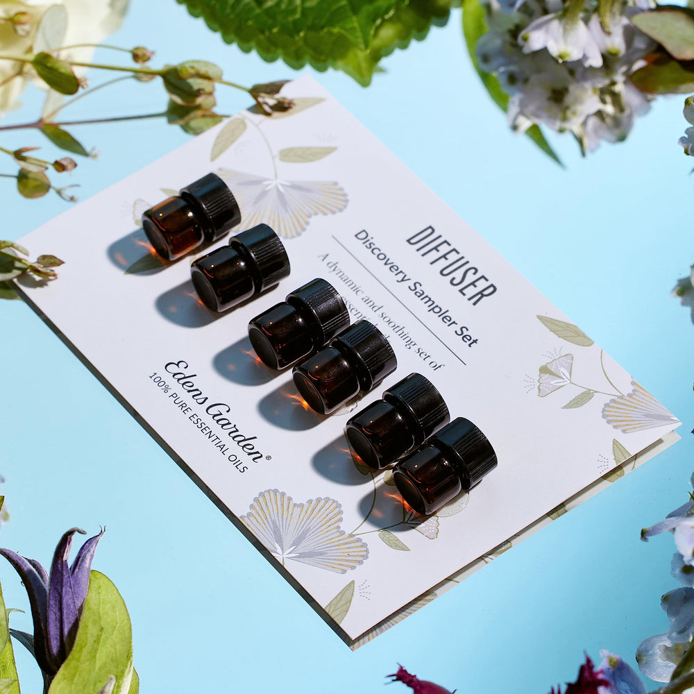 Six 0.92 ml essential oil bottles laid out