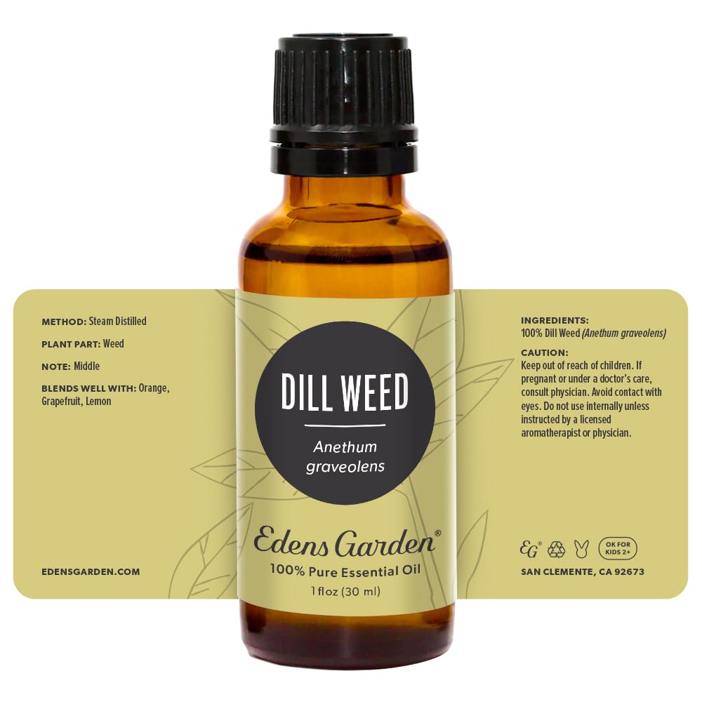 GC-MS report image beside dill essential oil bottle