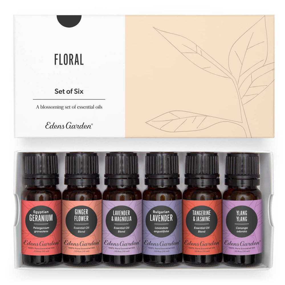 Edens Garden Floral Essential Oils 6 Set display with six 10 ml bottles