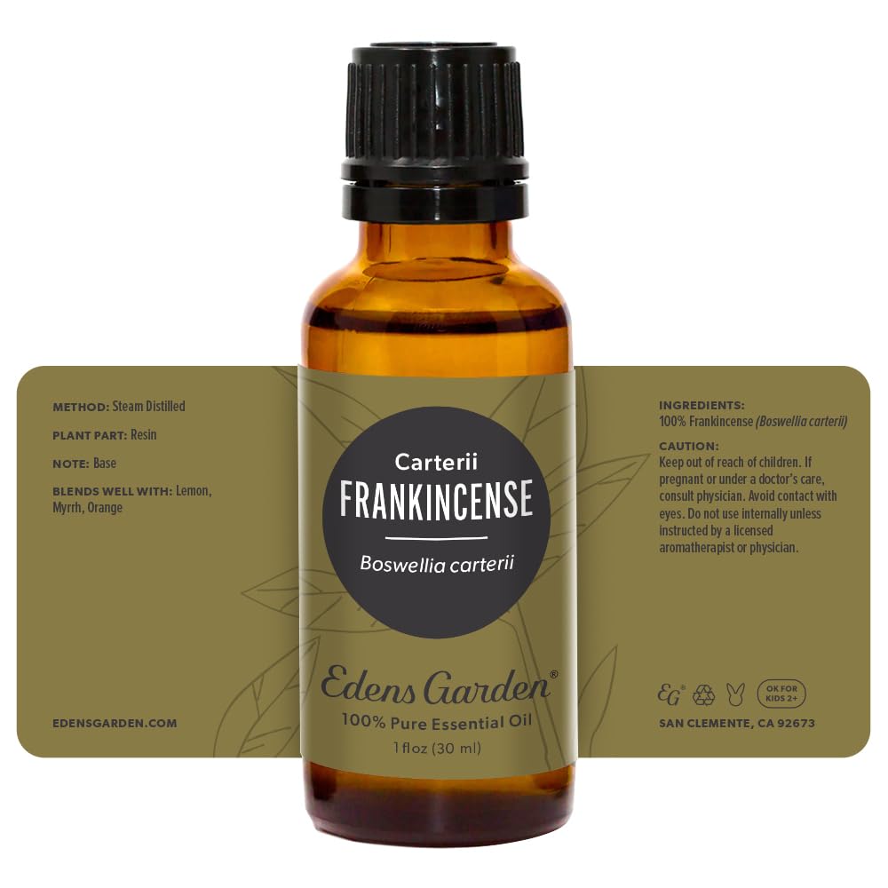 Edens Garden branding on Frankincense Carterii oil packaging