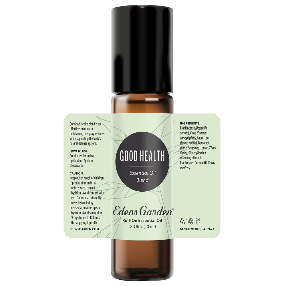 Packaging scene featuring Edens Garden branding and Good Health roll-on