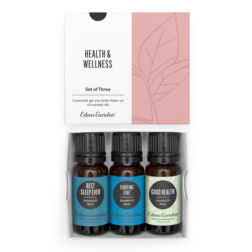 Front view of Edens Garden Health & Wellness Essential Oils 3 Set bottles