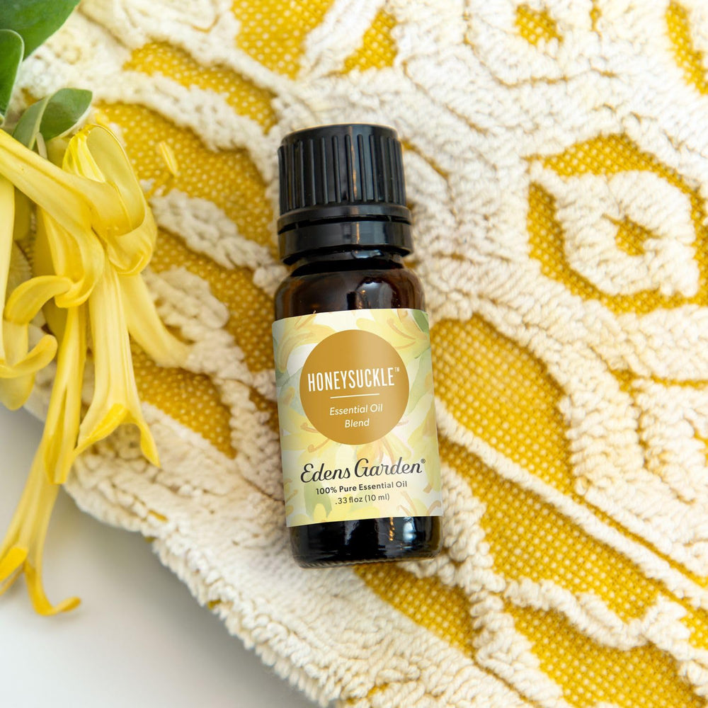Close-up of honeysuckle oil blend label