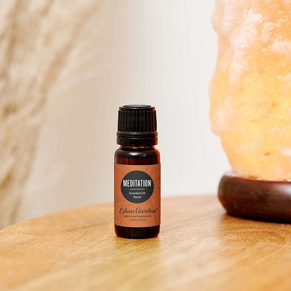 Close-up of Meditation oil blend label on 30 ml bottle