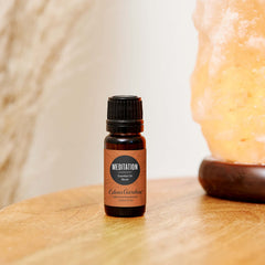 Close-up of Meditation oil blend label on 30 ml bottle