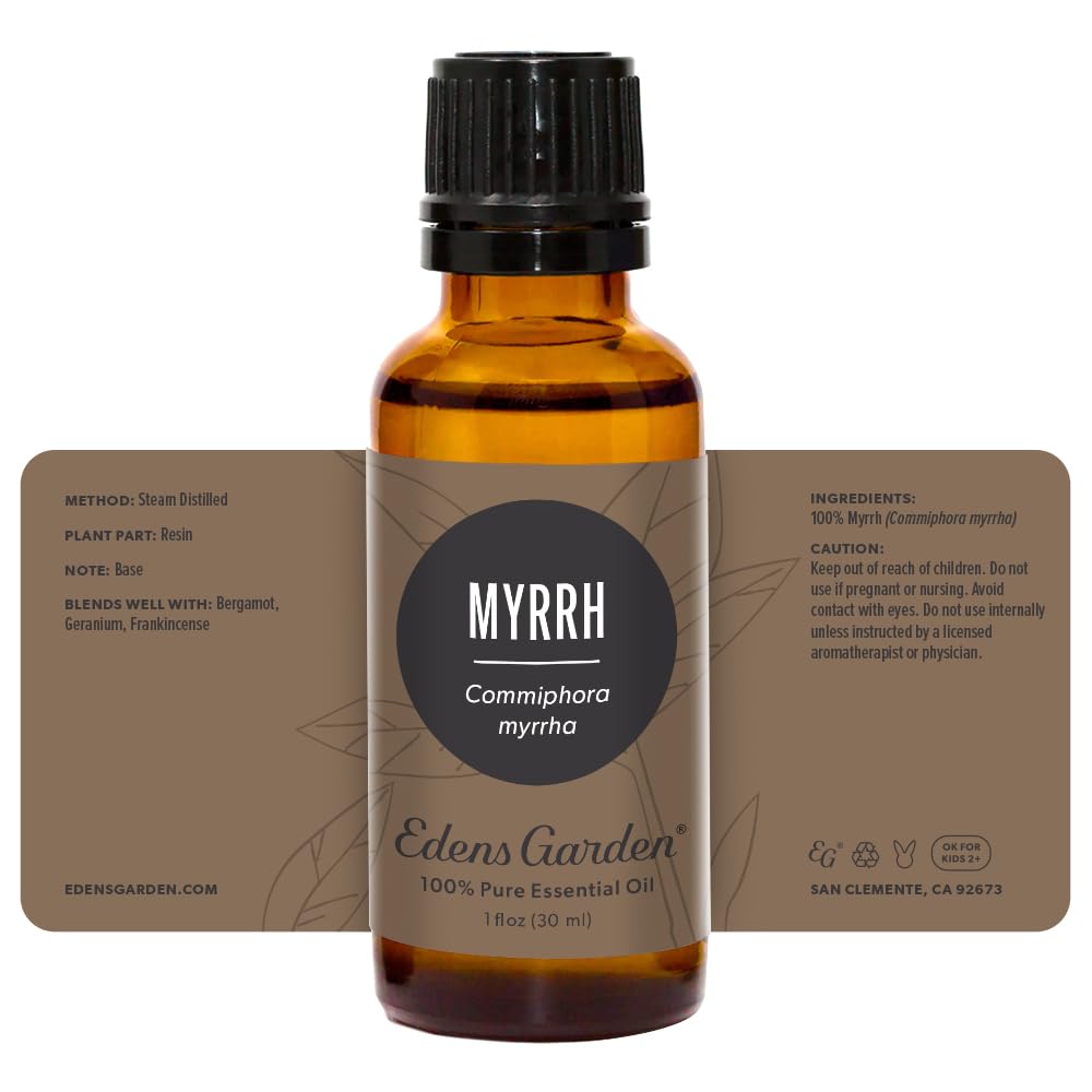 Edens Garden Myrrh essential oil packaging with box and bottle
