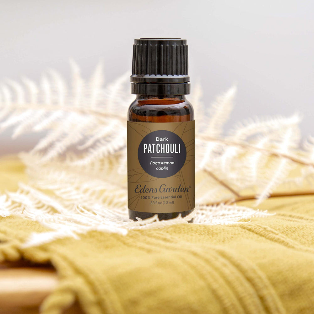 Close-up of Patchouli Dark essential oil bottle label