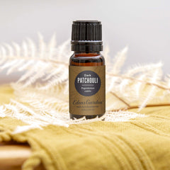 Close-up of Patchouli Dark essential oil bottle label