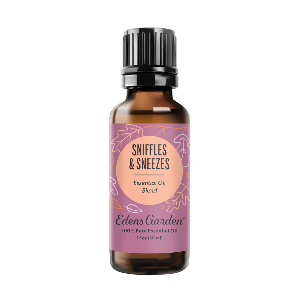 Edens Garden Sniffles & Sneezes essential oil bottle with dropper cap