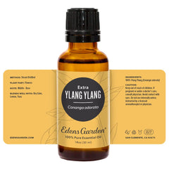 Edens Garden logo and bottle of Ylang Ylang Extra essential oil
