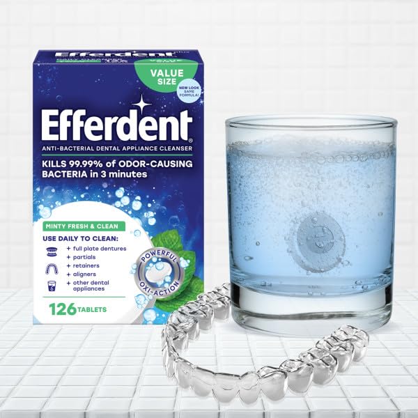 Efferdent cleans dentures, retainers, and aligners