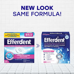 Packaging showing Efferdent Complete Clean branding and 44-count tablets