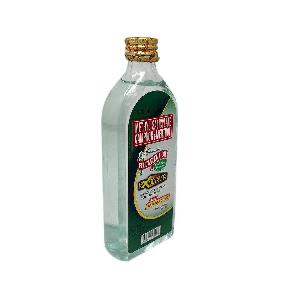 Close-up of Efficascent Oil ingredients: methyl salicylate, camphor and menthol