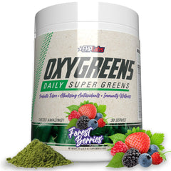 EHP Labs OxyGreens Forest Berries bottle showcasing convenient daily greens boost