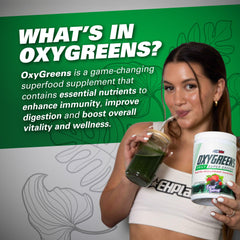 OxyGreens Forest Berries powder being poured for an easy daily greens boost