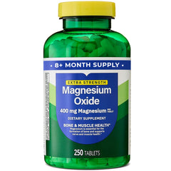 Bottle of 250 magnesium oxide tablets indicating 8+ month supply