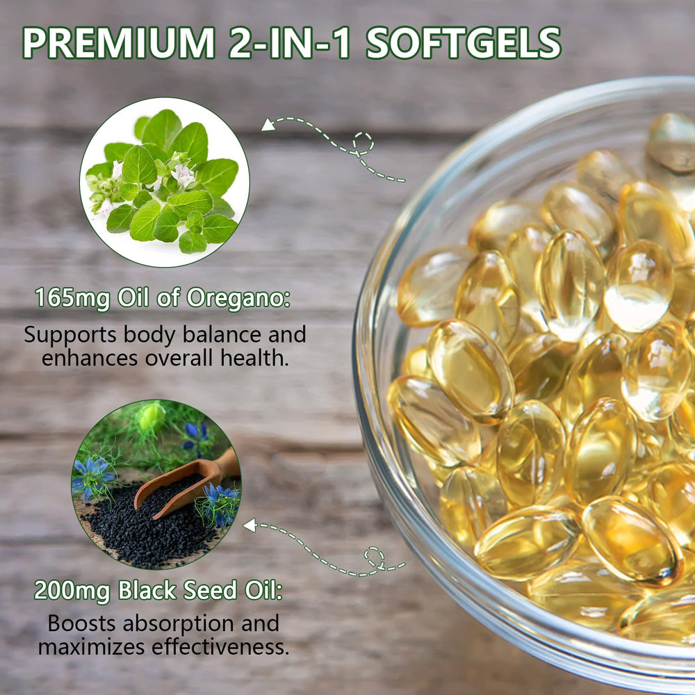 Graphic showing oregano oil and black seed oil per serving