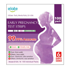 Elate ultra-sensitive pregnancy test strips with 100-count bulk packaging