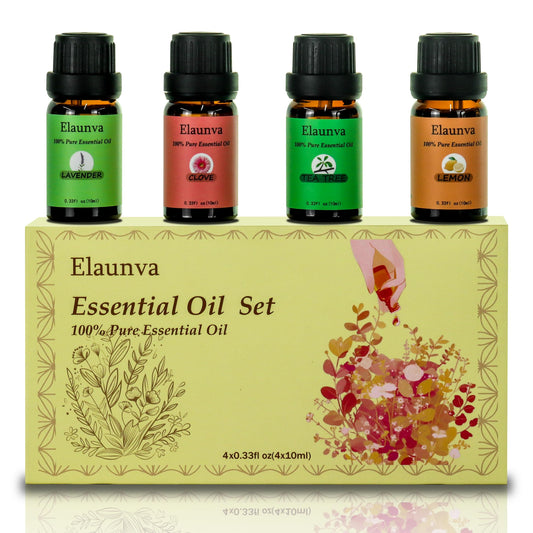 Elaunva Essential Oils 4-Pack – Lavender, Clove, Tea Tree, Lemon in amber bottles