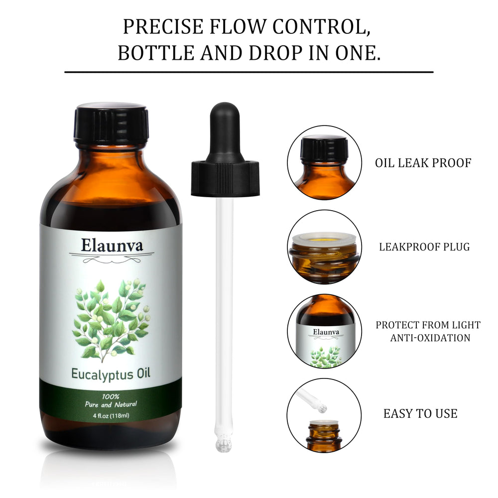 Close-up of Elaunva Eucalyptus Essential Oil bottle