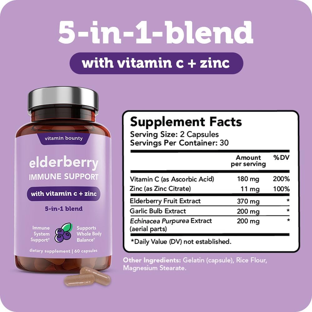 Bottle of elderberry capsules with label showing Sambucus and Vitamin C & Zinc
