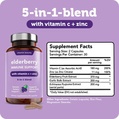 Bottle of elderberry capsules with label showing Sambucus and Vitamin C & Zinc