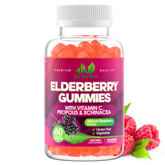60-count elderberry gummies bottle with raspberry flavor