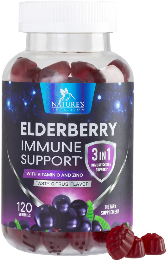 Bottle of Elderberry Gummies with Vitamin C, D3 and Zinc – 120 gummies
